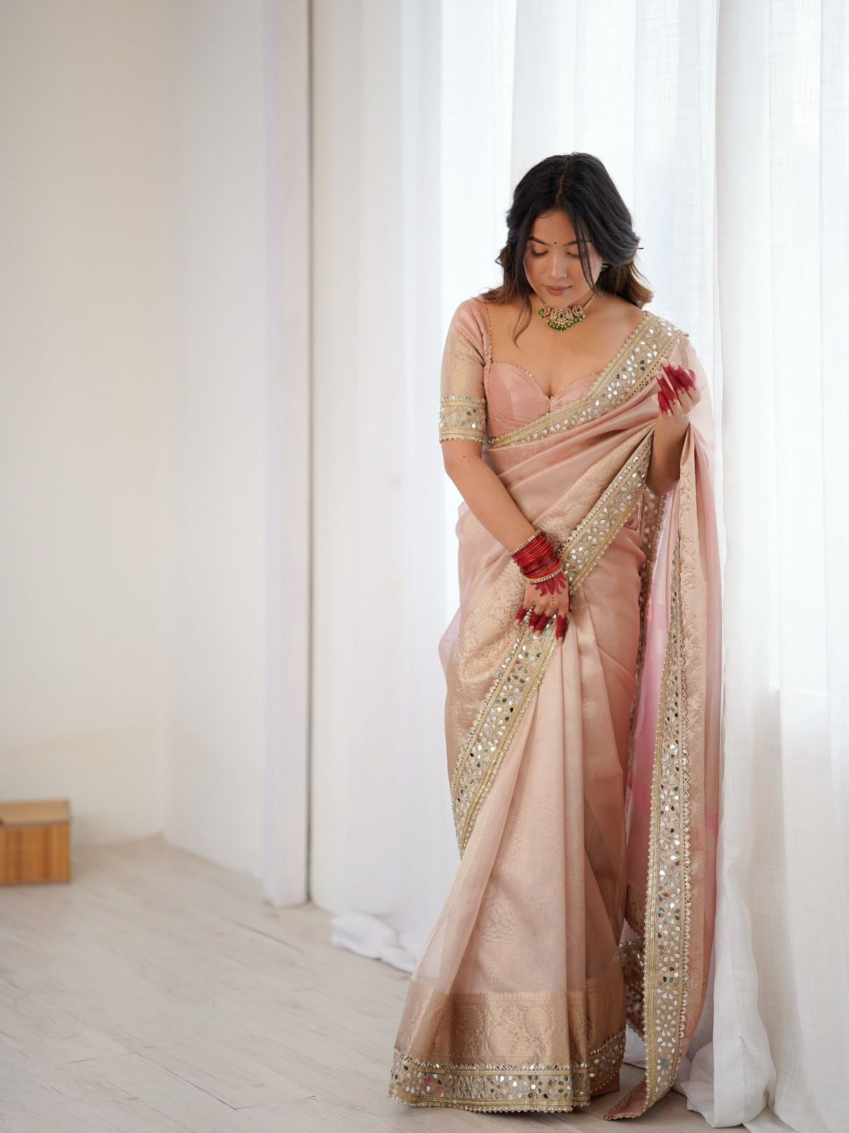 Rose Pink Net Saree with Mirror and Sequin Work