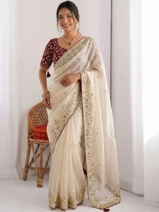 Ivory Tissue Silk Saree with Aari and Zari Work