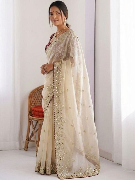Ivory Tissue Silk Saree with Aari and Zari Work, view 3