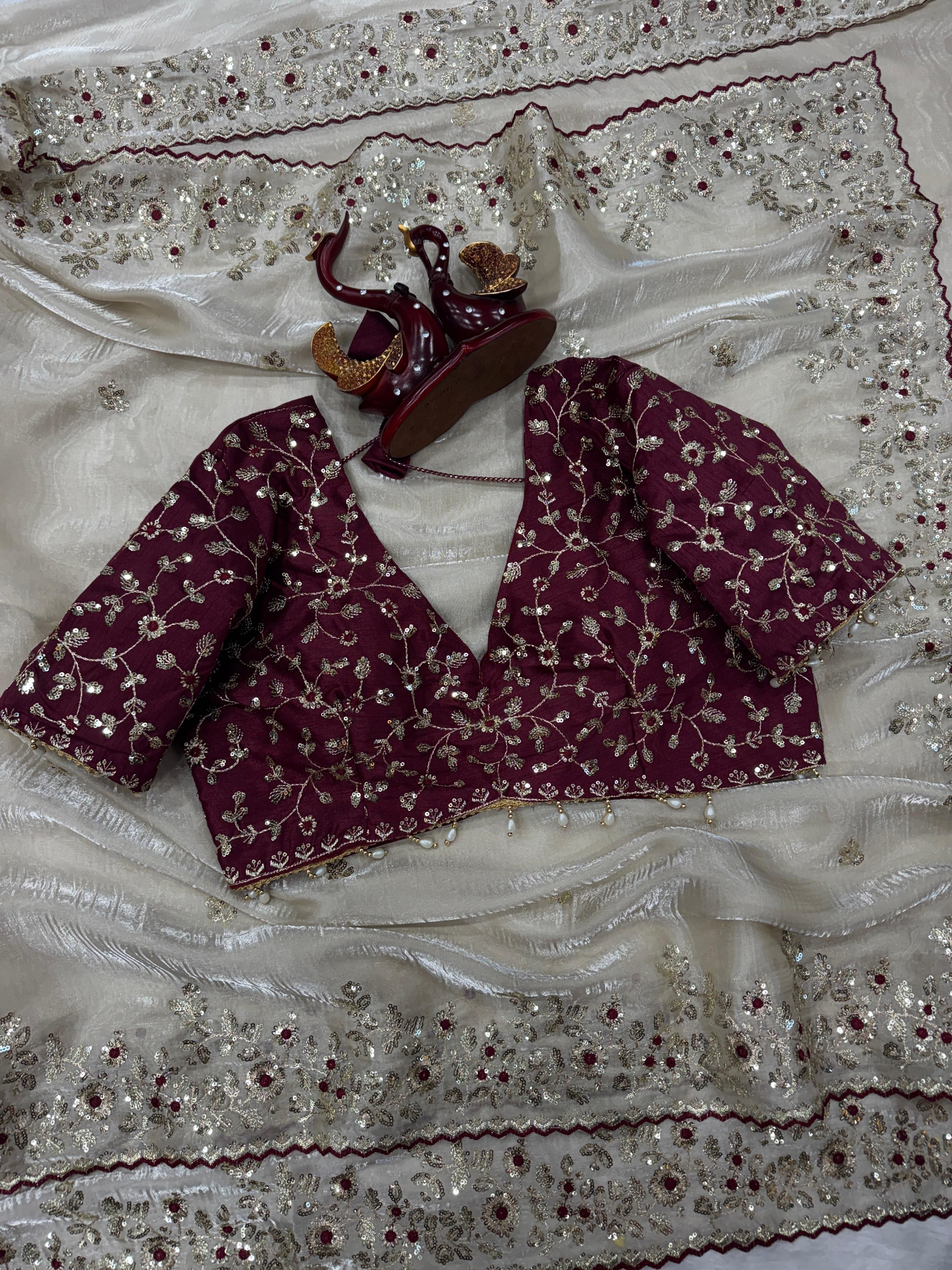 Ivory Tissue Silk Saree with Aari and Zari Work, view 4