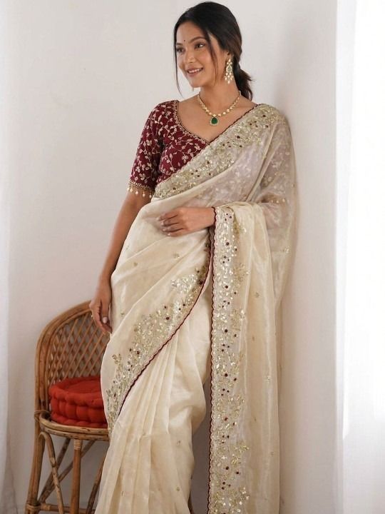 Ivory Tissue Silk Saree with Aari and Zari Work, view 5