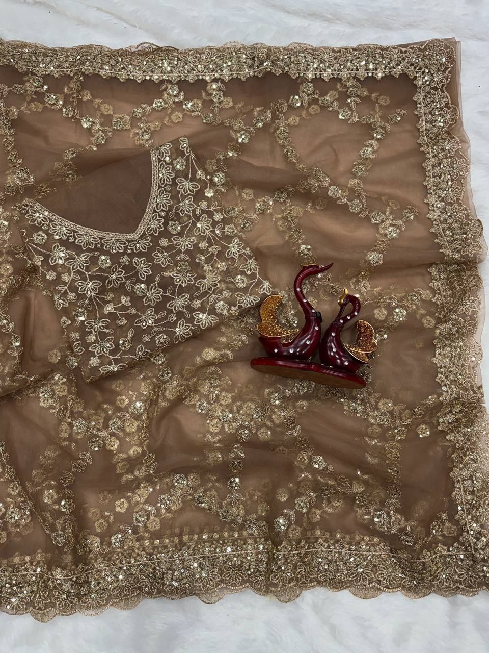 Golden Net Saree with Sequin and Zari Work, view 4