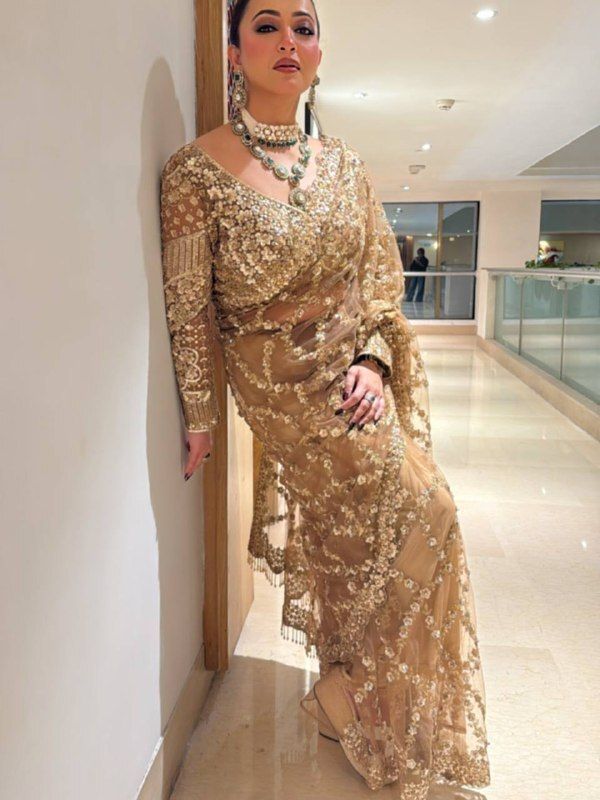 Golden Net Saree with Sequin and Zari Work, view 5
