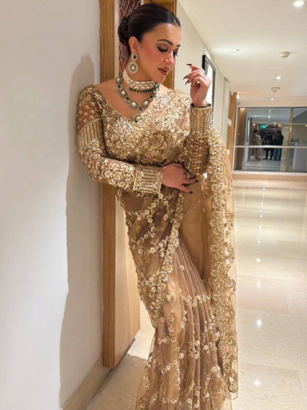 Golden Net Saree with Sequin and Zari Work, view 6
