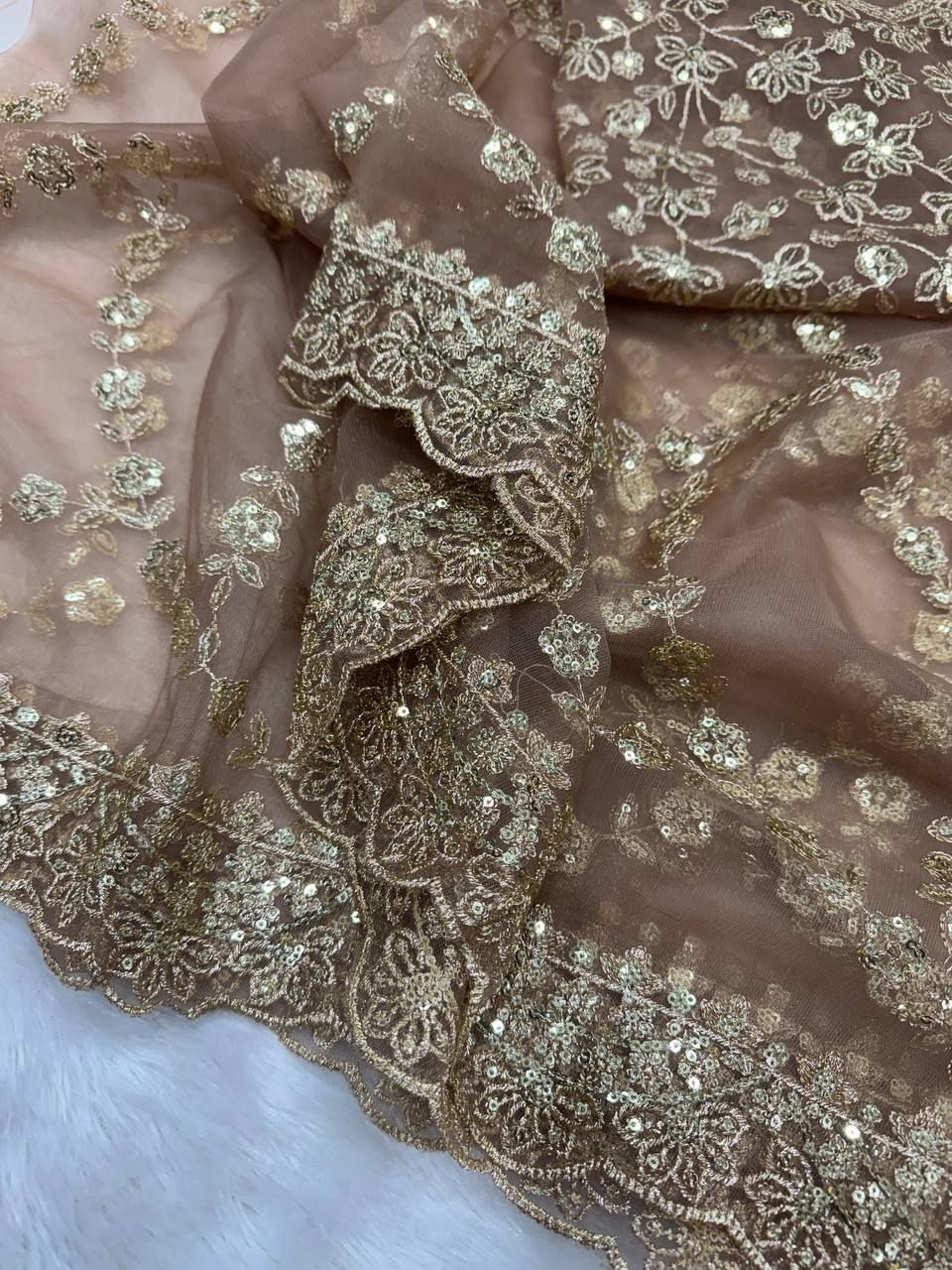 Golden Net Saree with Sequin and Zari Work, view 7