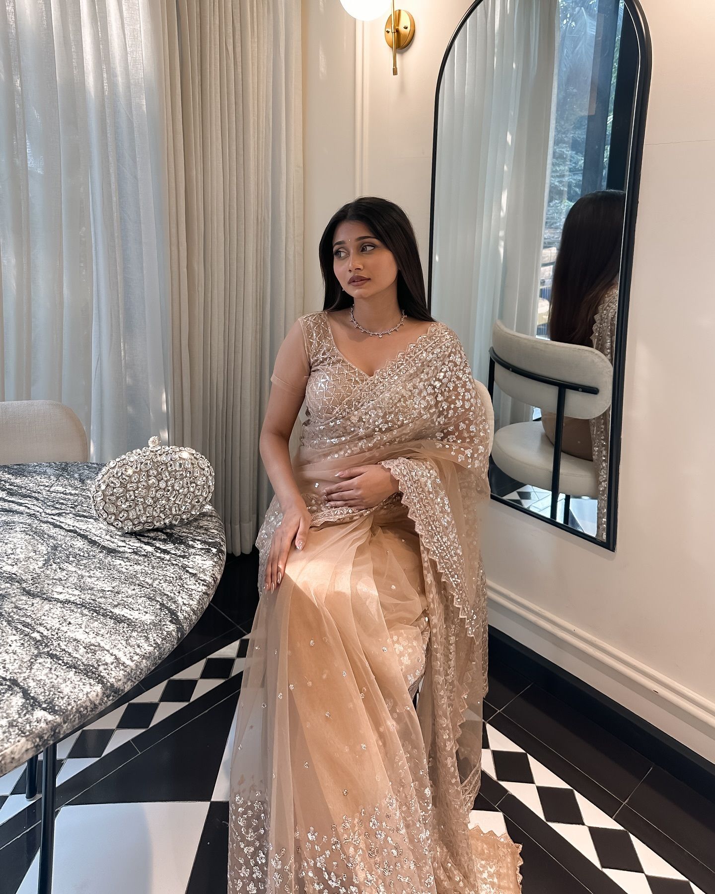 Chiku Net Saree with Sequin and Thread Work, view 3