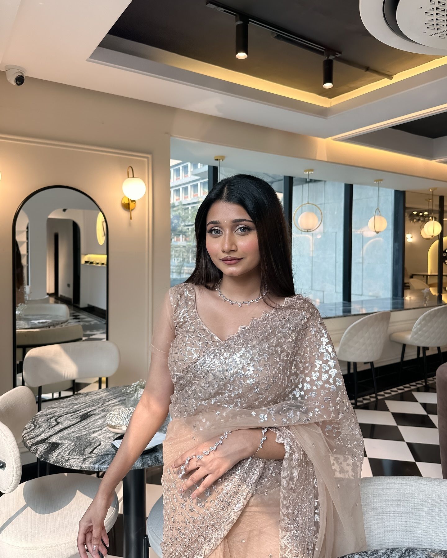 Chiku Net Saree with Sequin and Thread Work, view 5
