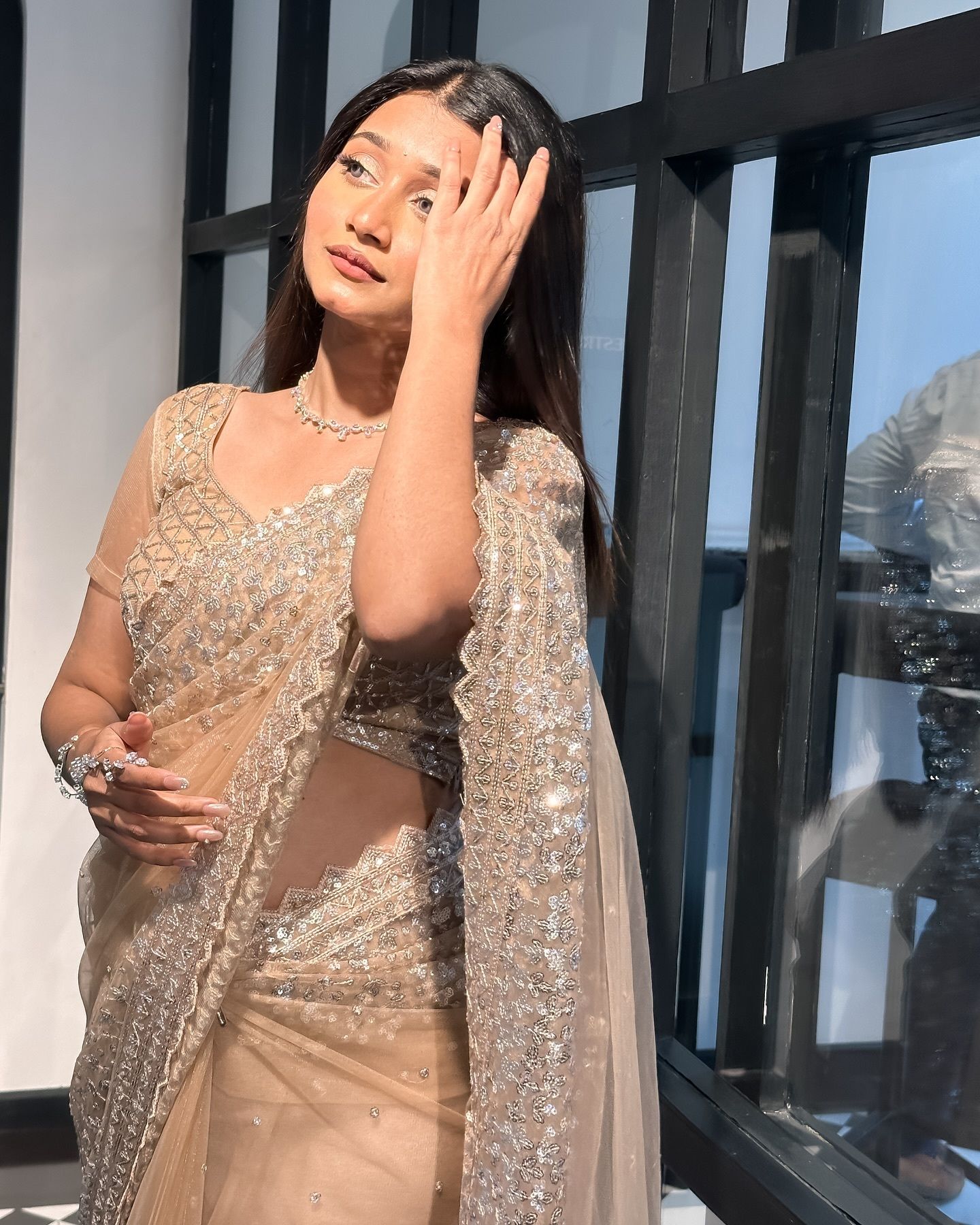 Chiku Net Saree with Sequin and Thread Work, view 6