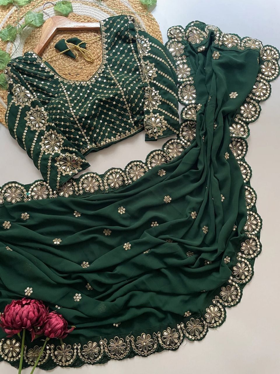 Bottle Green Georgette Saree with Mirror and Zari Work