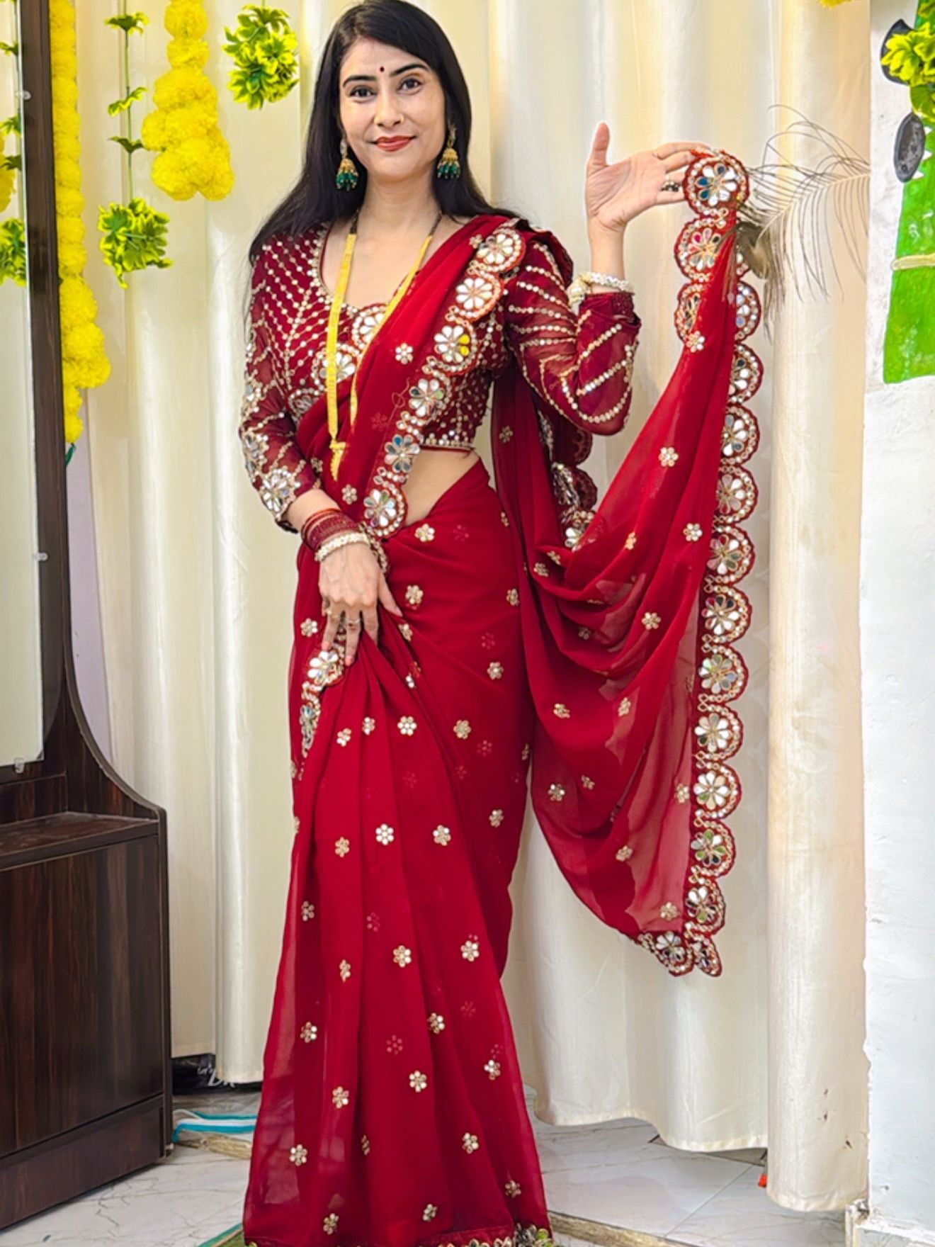 Maroon Georgette Saree with Mirror and Zari Work