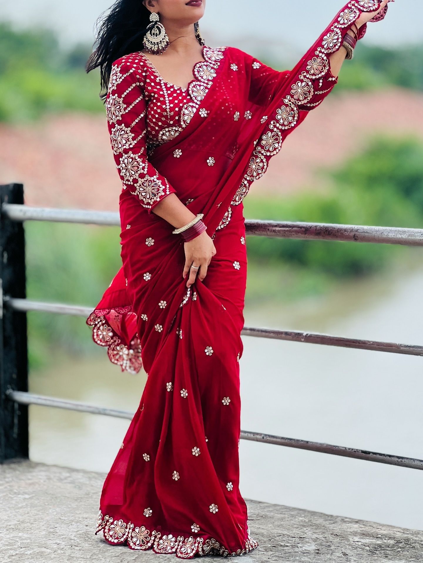 Maroon Georgette Saree with Mirror and Zari Work, view 3