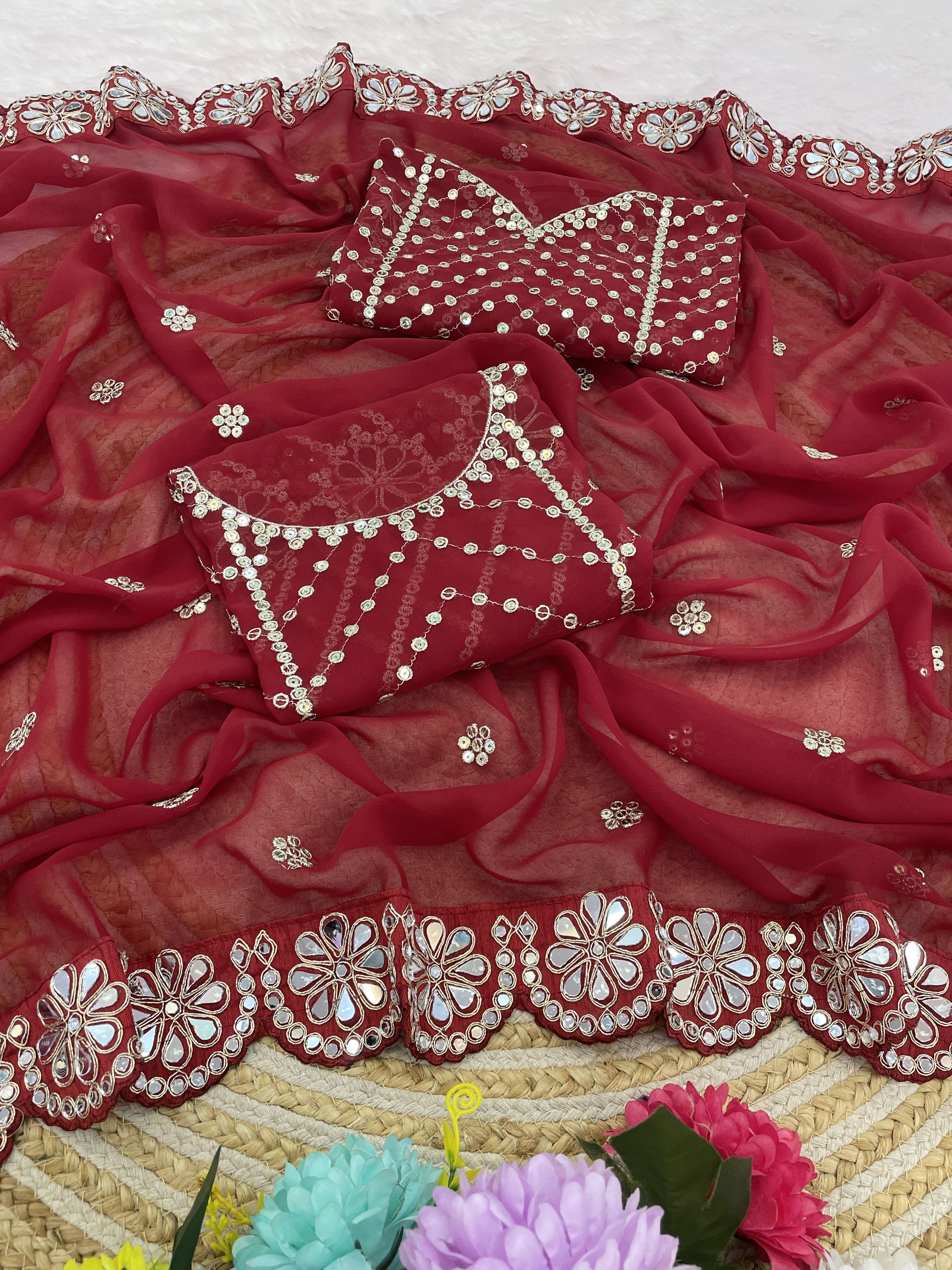 Maroon Georgette Saree with Mirror and Zari Work, view 4