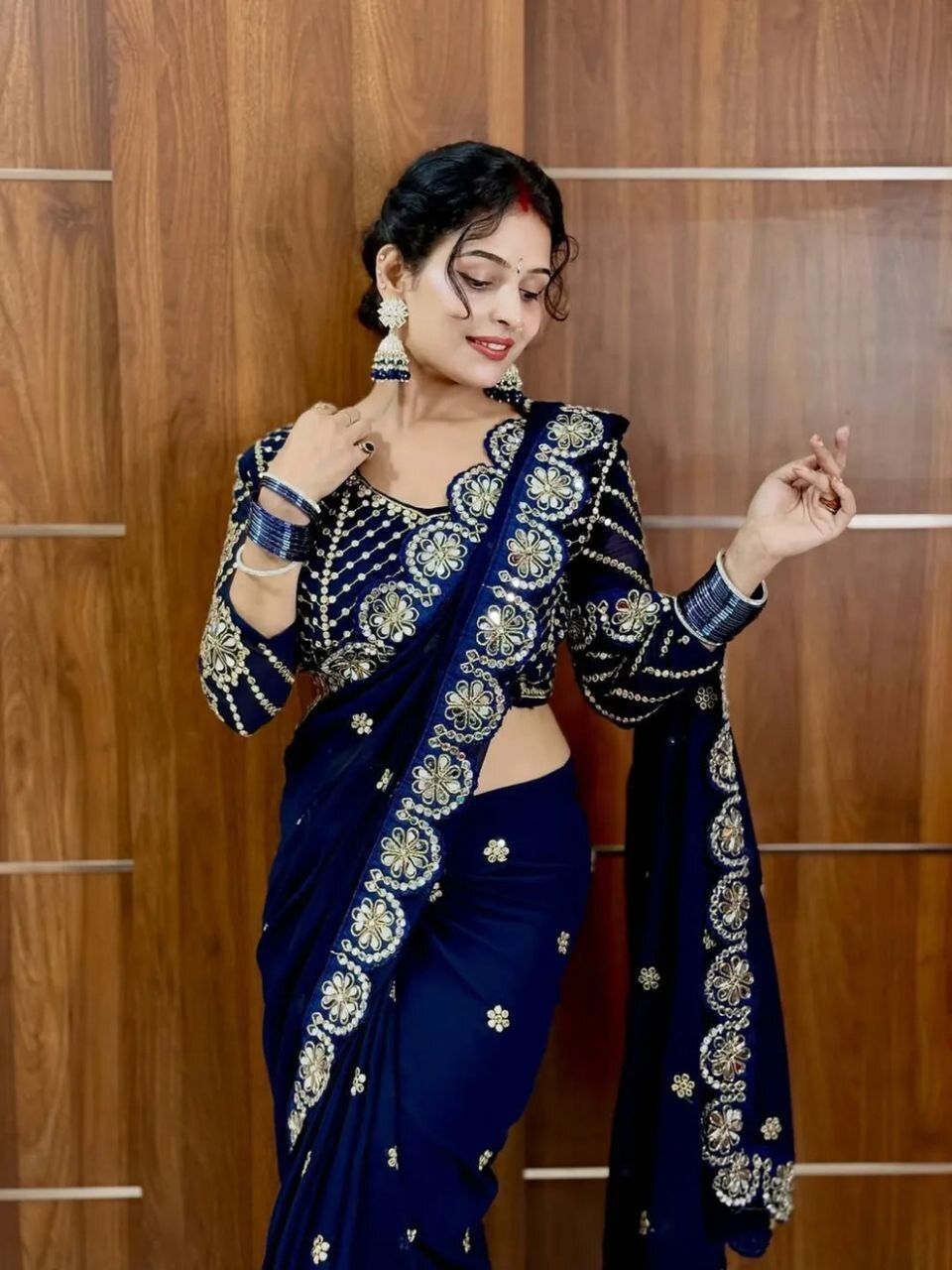 Navy Blue Georgette Saree with Mirror and Zari Work