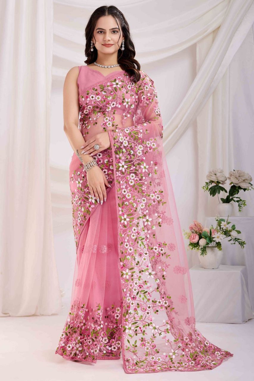 Blush Net Saree with Floral Booti Work