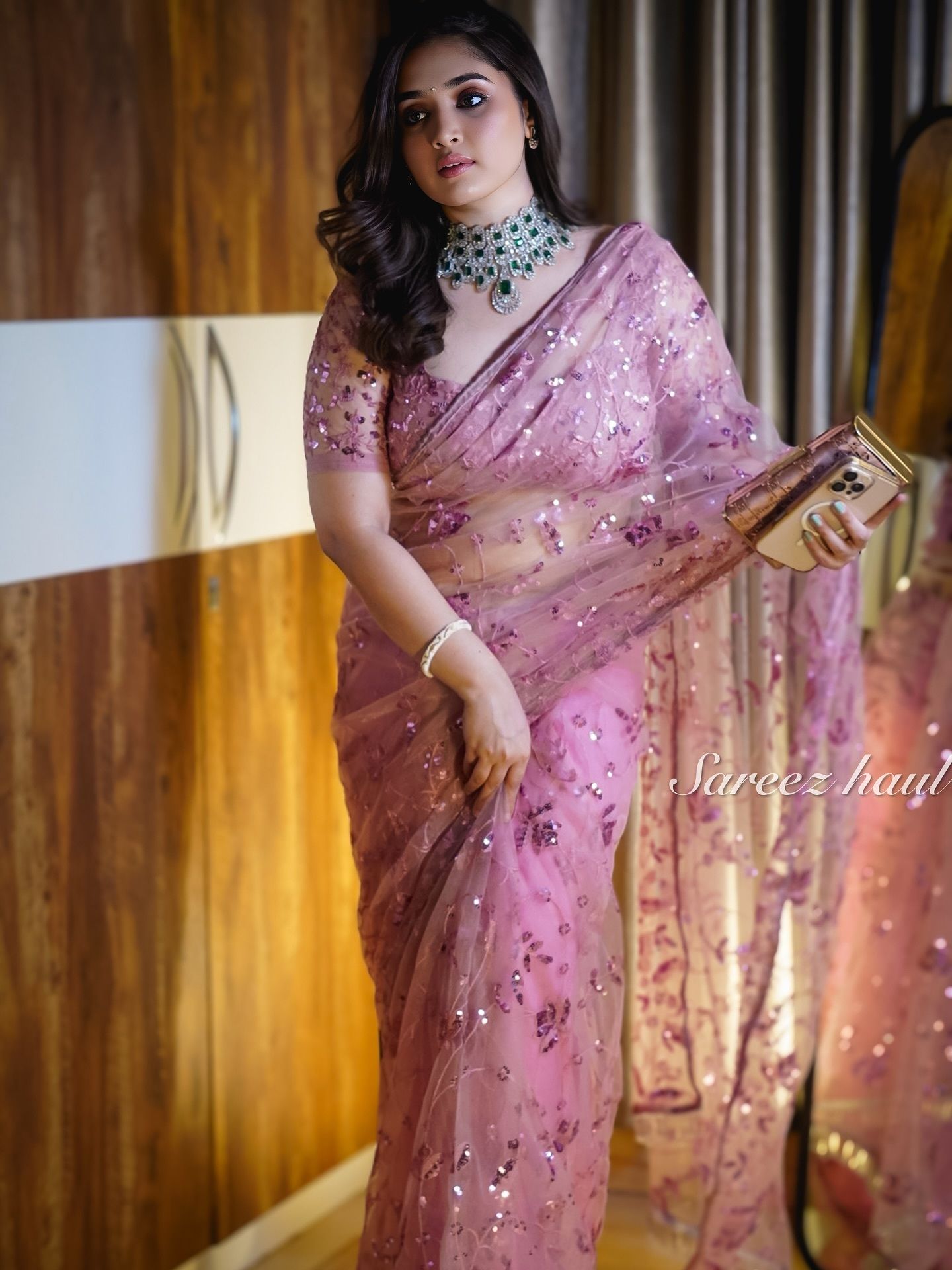 Pink Net Saree with Heavy Sequin Work, view 3