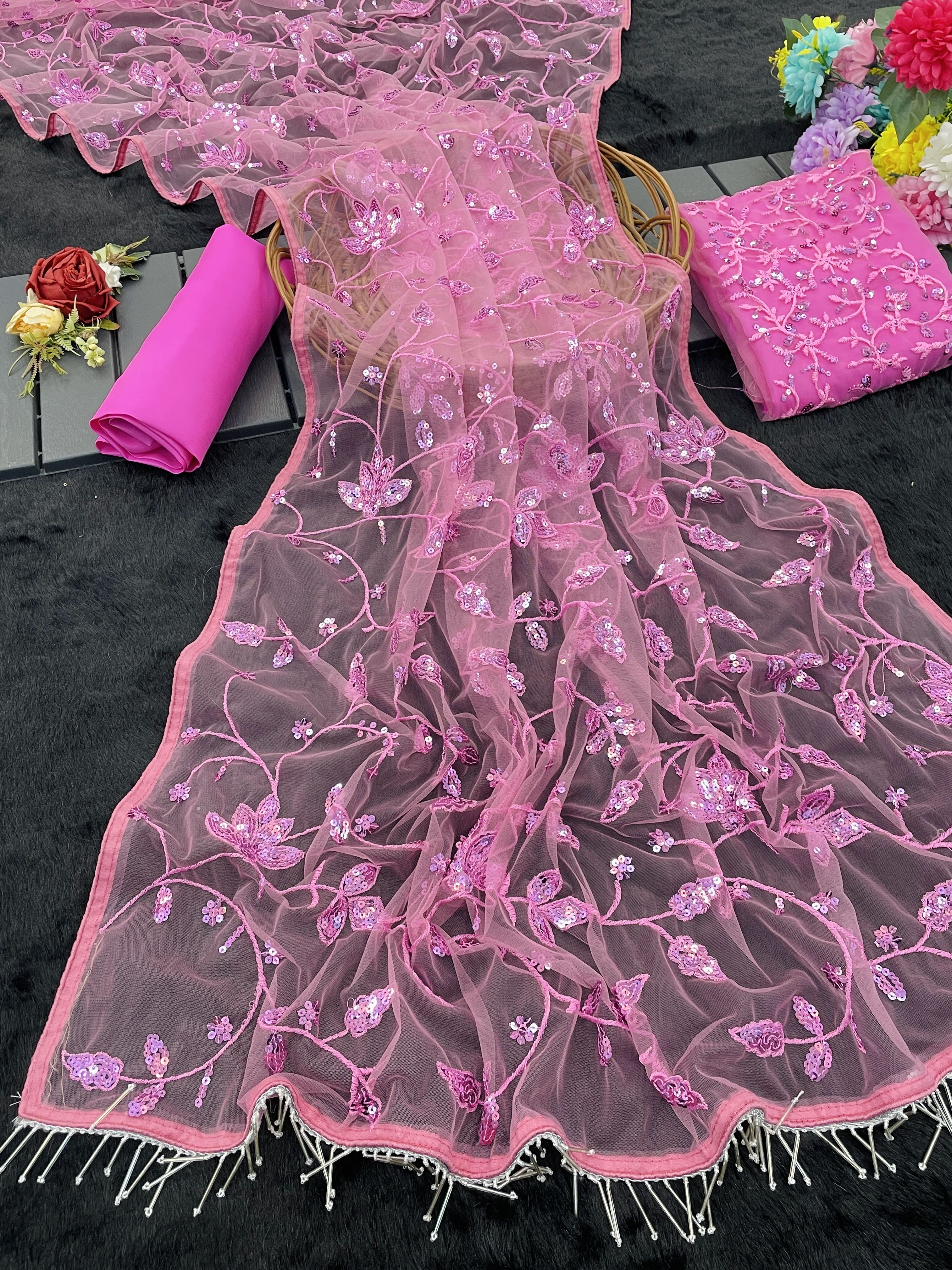 Pink Net Saree with Heavy Sequin Work, view 4