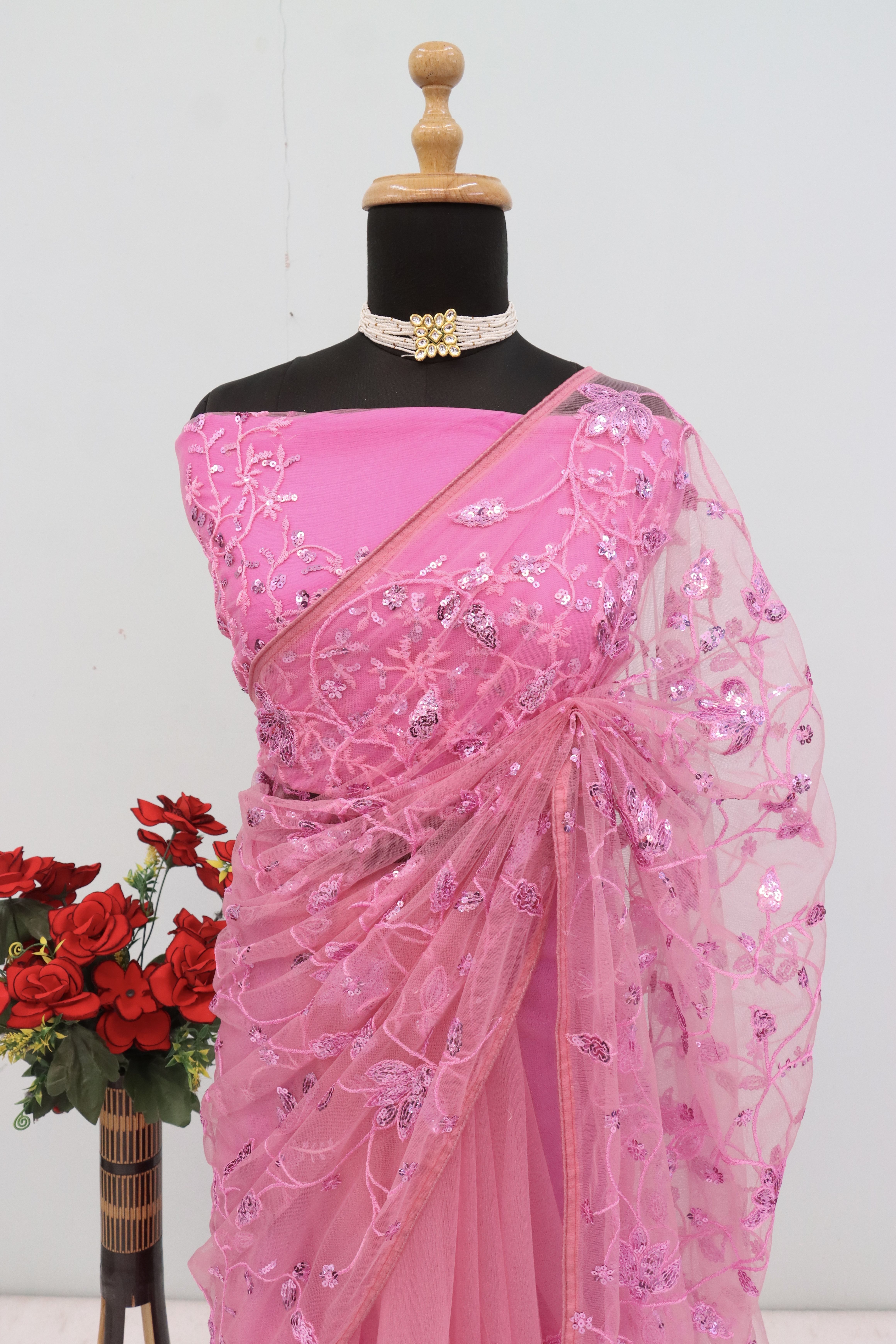Pink Net Saree with Heavy Sequin Work, view 5