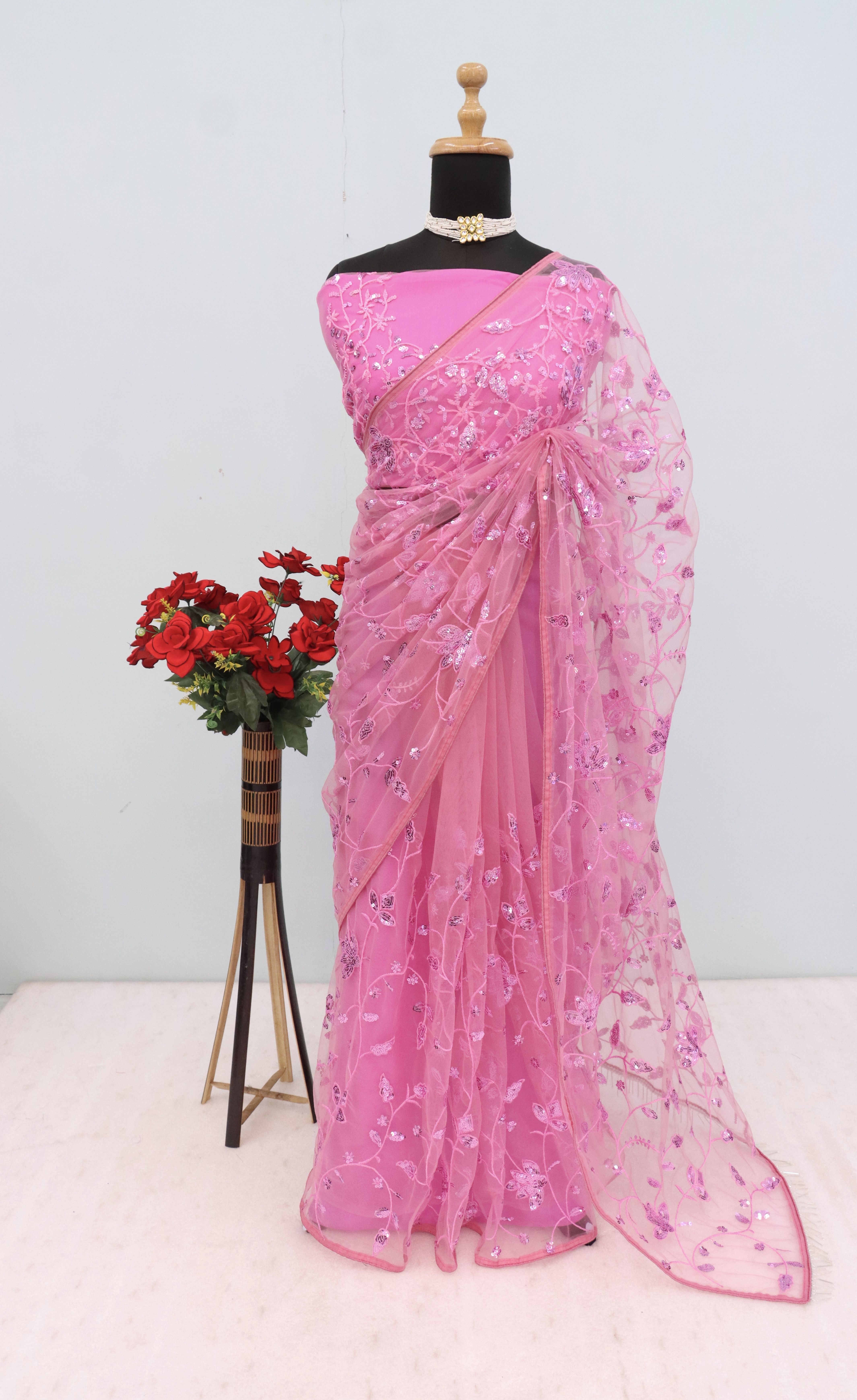 Pink Net Saree with Heavy Sequin Work, view 7