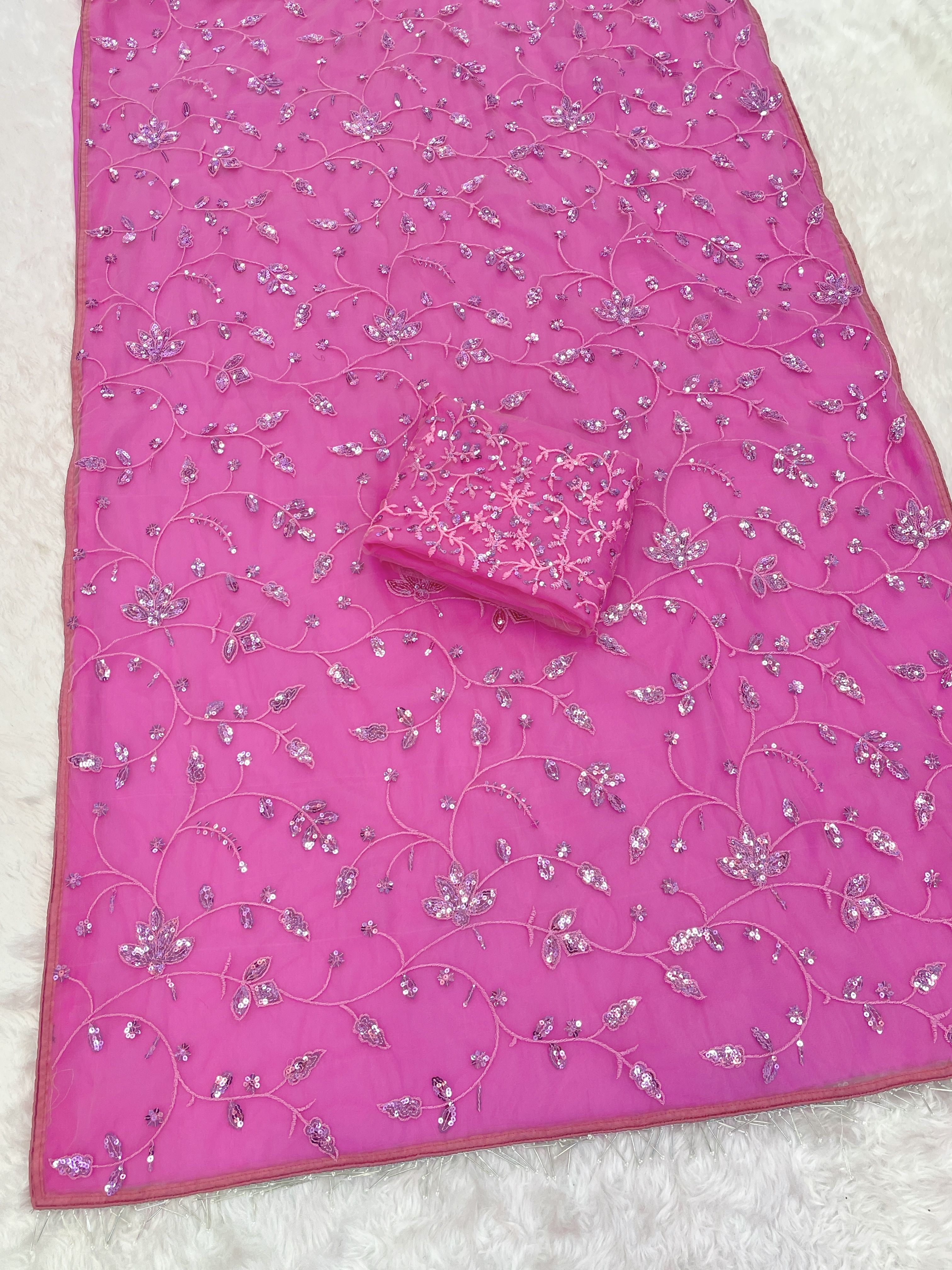 Pink Net Saree with Heavy Sequin Work, view 8