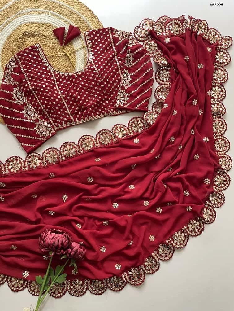Deep Maroon Georgette Saree with Mirror and Cord Work