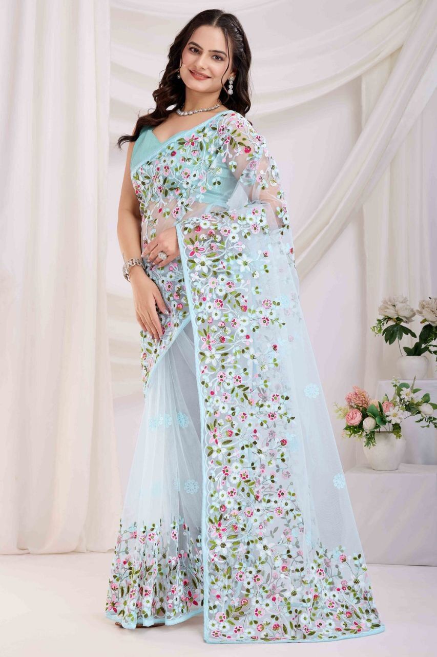 Sky Blue Net Saree with Floral Booti Work, view 3