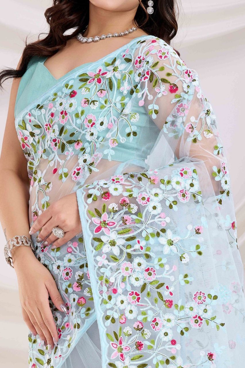Sky Blue Net Saree with Floral Booti Work, view 6