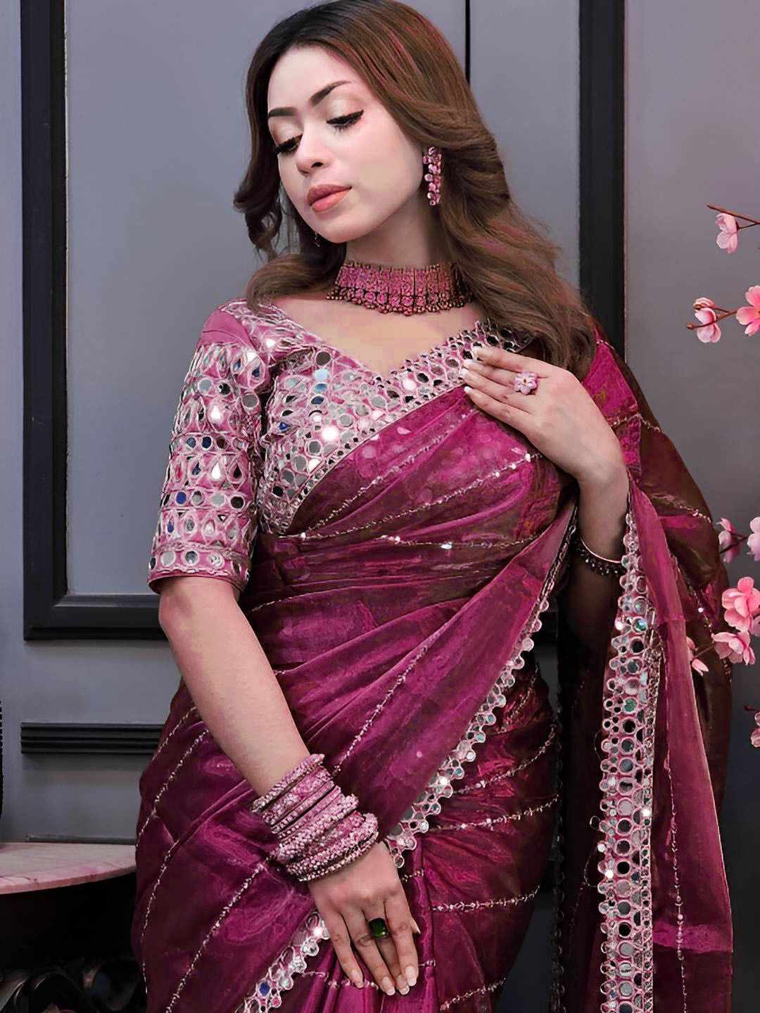 Wine Georgette Saree with Mirror and Sequin Work
