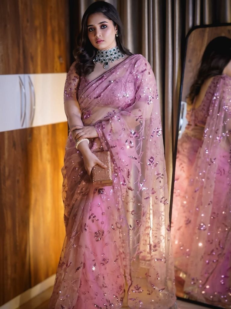 Pink Net Saree with Sequin Work, view 3