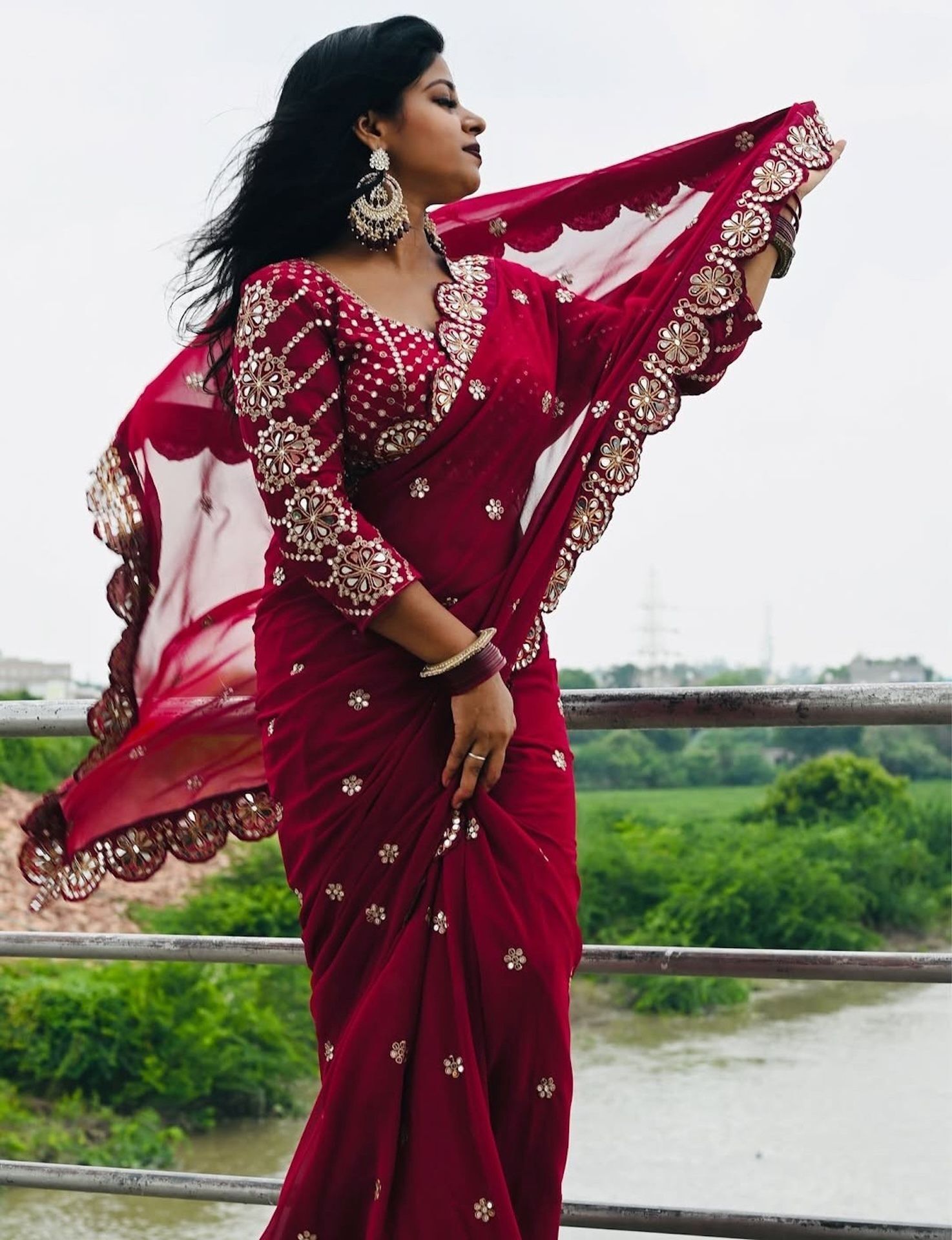 Maroon Georgette Saree with Zardozi and Mirror Work
