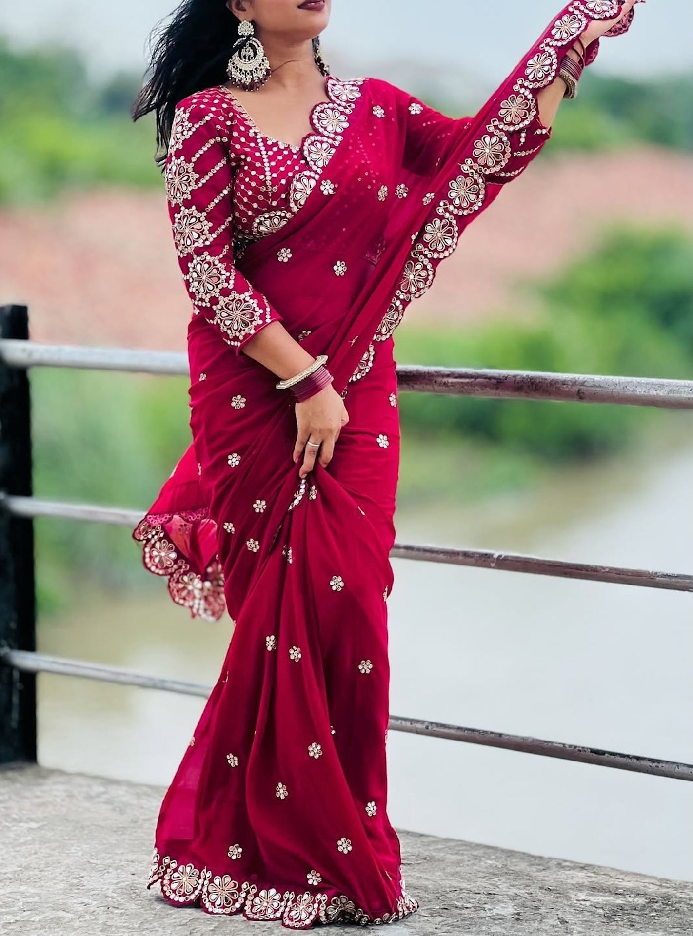 Maroon Georgette Saree with Zardozi and Mirror Work, view 3