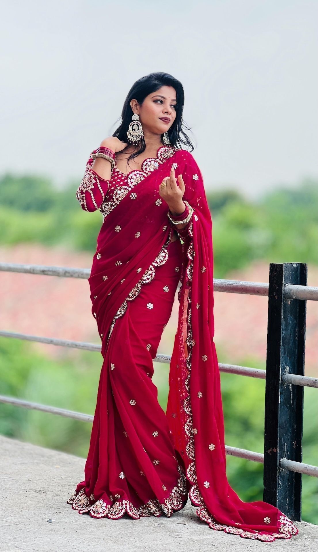 Maroon Georgette Saree with Zardozi and Mirror Work, view 4