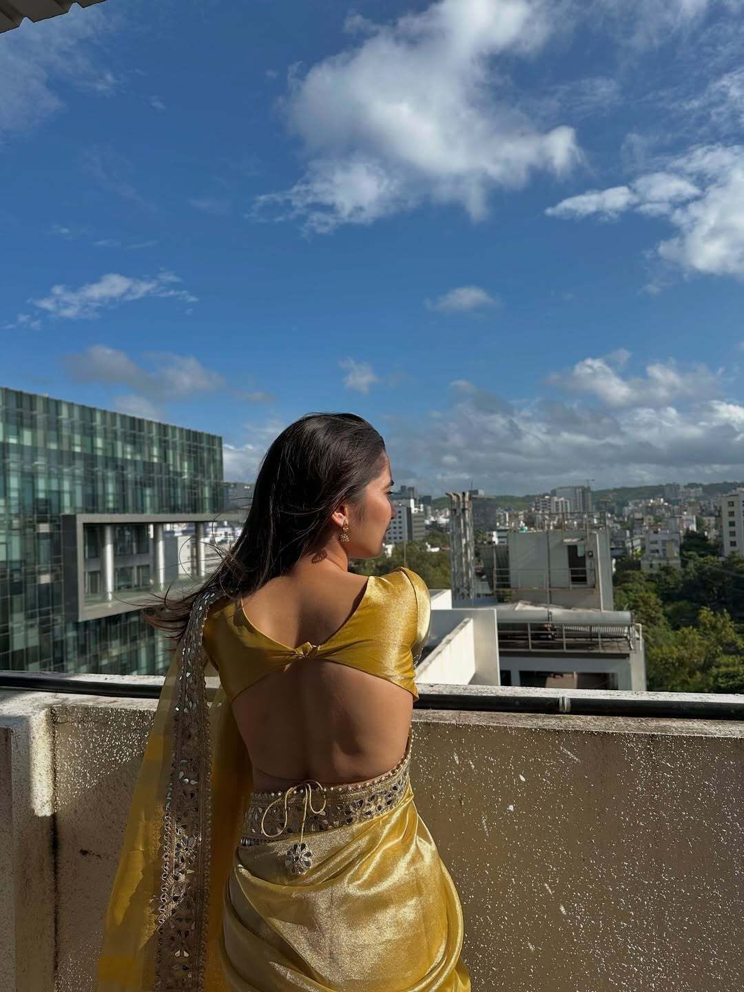 Yellow Tissue Saree with Sequin and Mirror Work, view 4