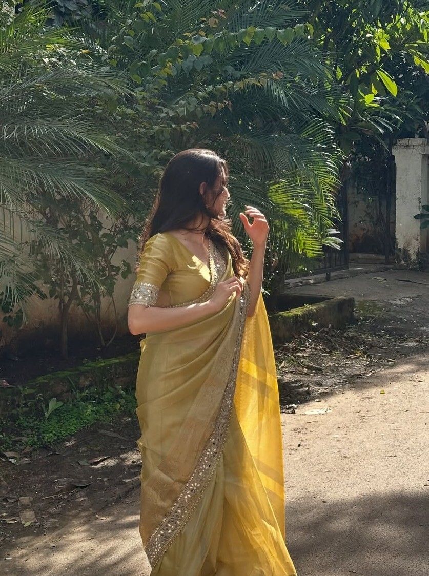 Yellow Tissue Saree with Sequin and Mirror Work, view 6