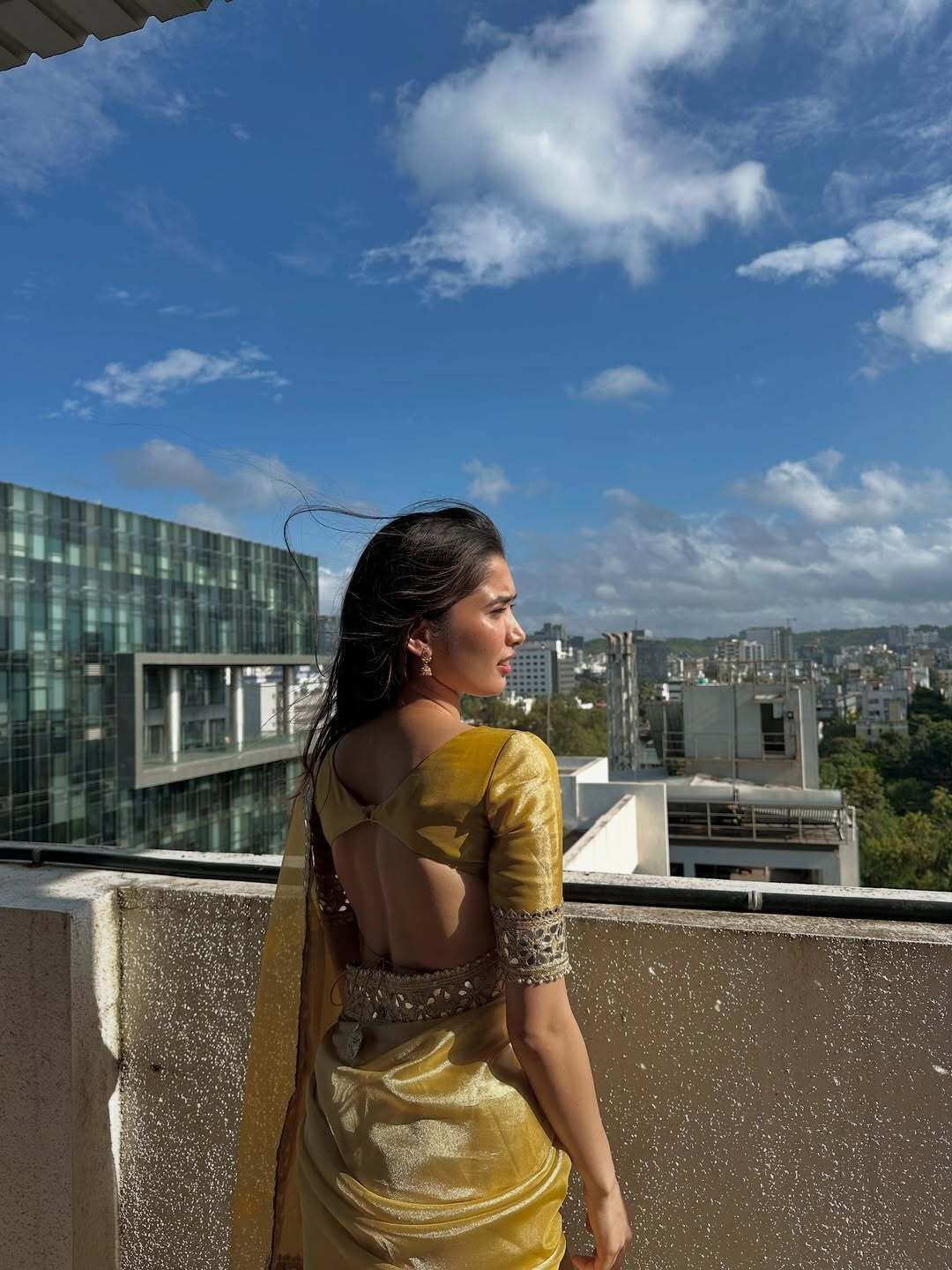 Yellow Tissue Saree with Sequin and Mirror Work, view 7