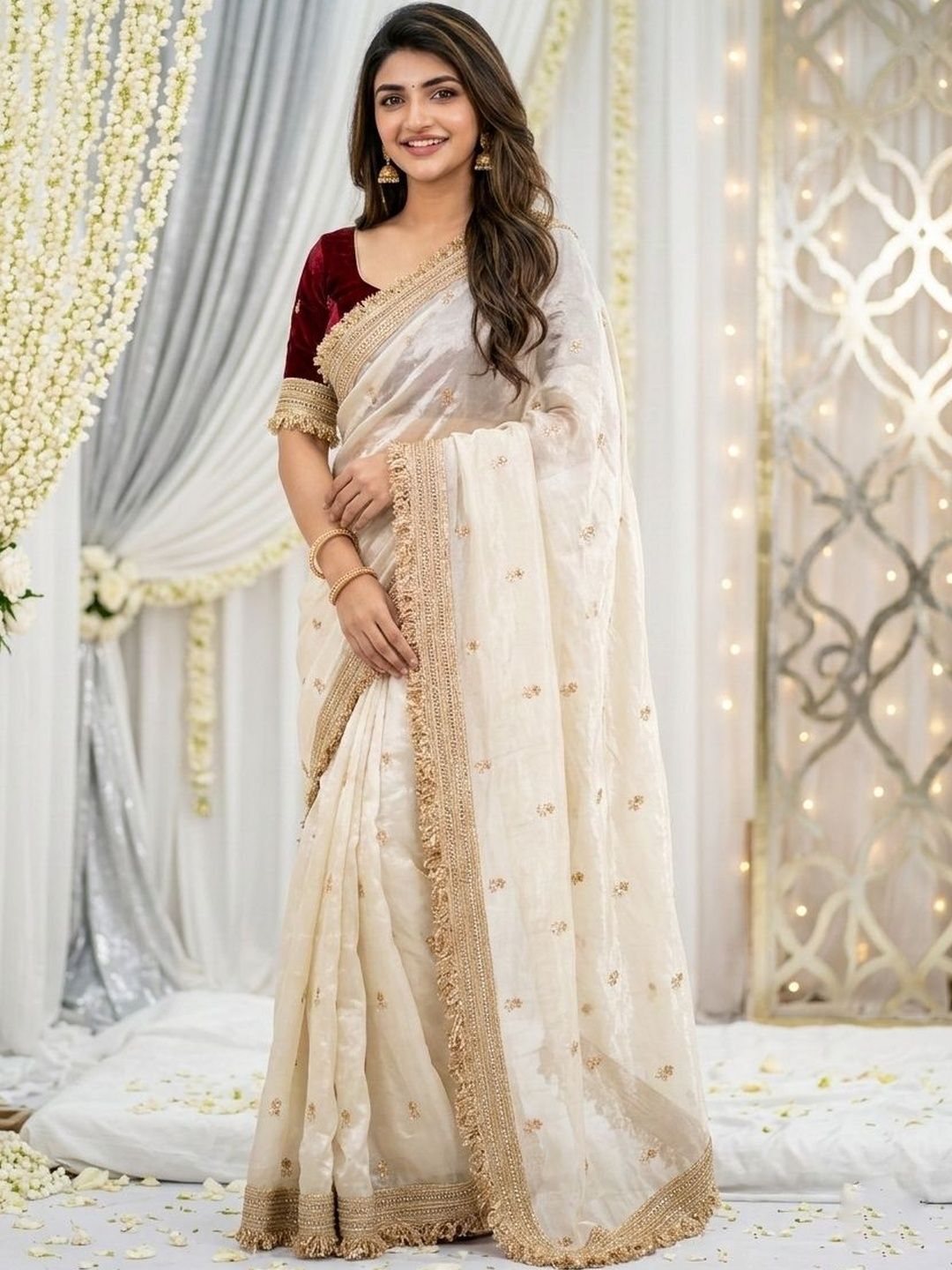 Off White Silk Saree with Booti and Zari Work