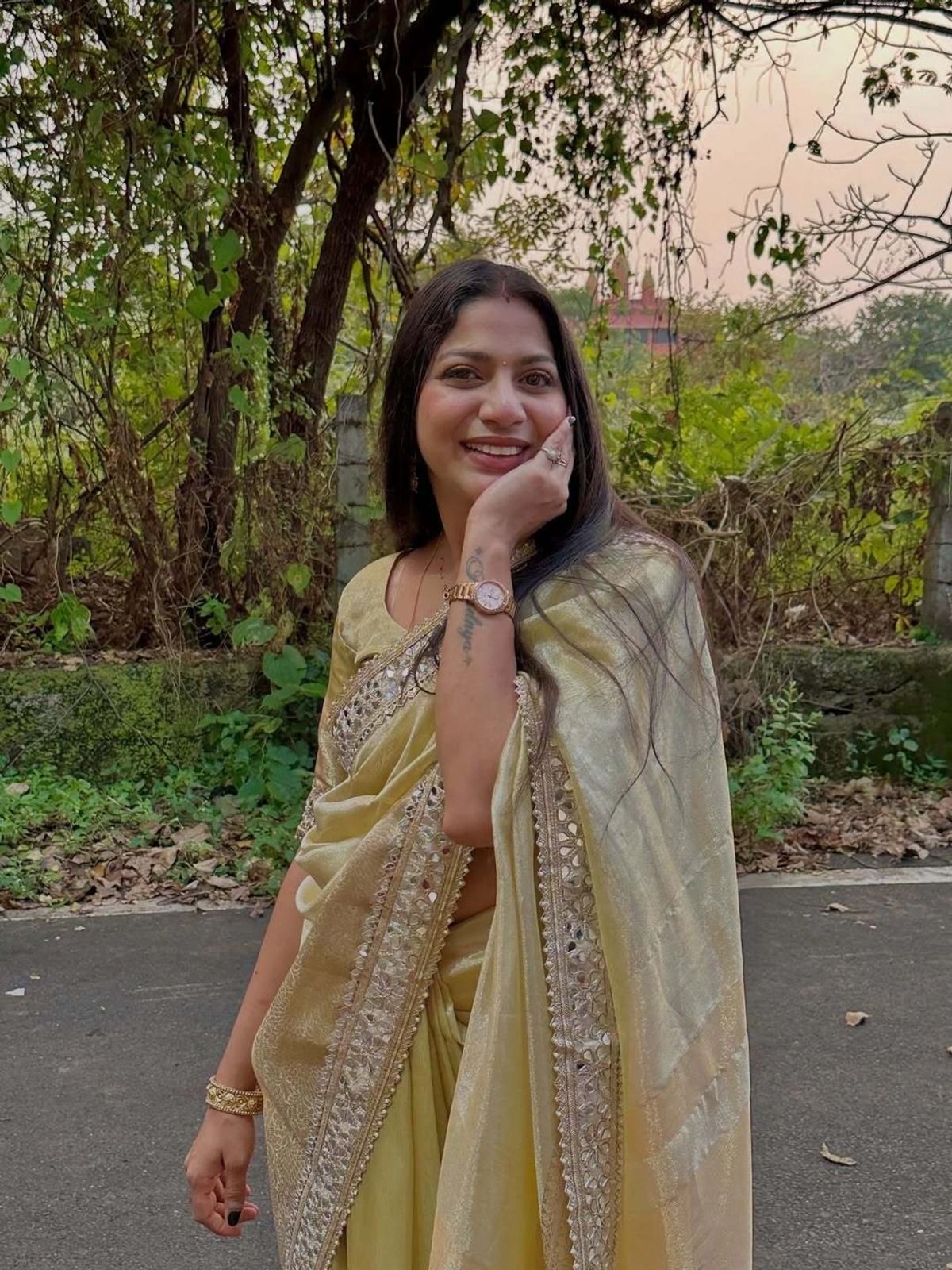 Golden Yellow Net Saree with Mirror and Zari Work
